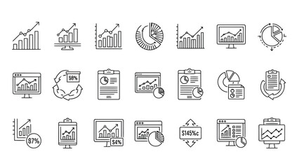 Business Analytics, Data Visualization, KPI Metrics, Charts & Performance Reporting Line Icons for Dashboard UI Design