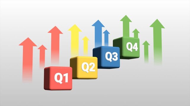 Quarterly Progress, 3D Blocks Showing Q1 to Q4 Growth Arrows