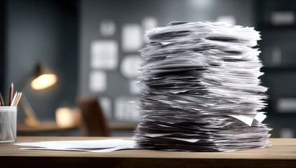 Towering stack of papers on a desk
