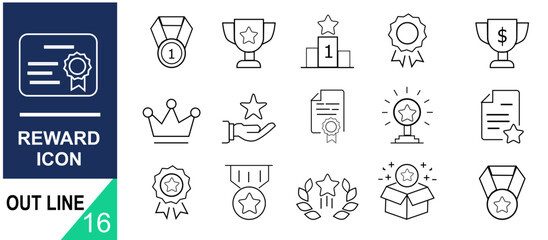 Reward set of web icons in line icons set with editable stroke. A collection of linear icons representing various reward concepts, including gift, trophy, recognition, reward program, medal etc. 
