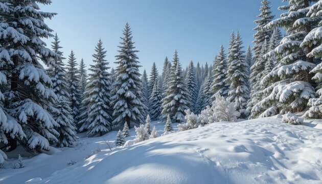 Stunning winter wonderland scene with snow covered pine trees under clear blue sky