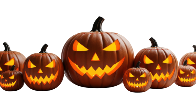 Multiple brown Halloween jack-o'-lanterns with menacingly carved faces, triangular eyes, and toothy grins, glowing vibrantly on a transparent background with subtle shadows, striking eerie