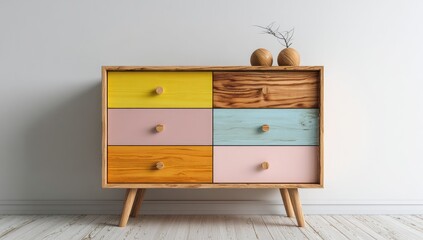 Colorful wooden chest of drawers against a white wall