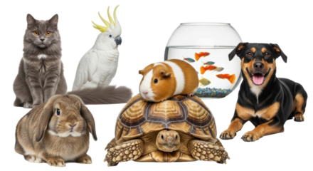 A harmonious group of diverse domestic pets (dog, cat, rabbit, guinea pig on tortoise) posed in a high-key studio, transparent background, ample copy space, concept of animal unity