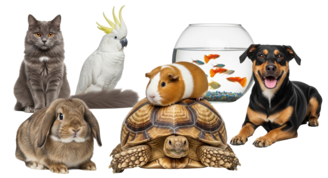 A harmonious group of diverse domestic pets (dog, cat, rabbit, guinea pig on tortoise) posed in a high-key studio, transparent background, ample copy space, concept of animal unity