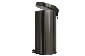 A dark, modern stainless steel pedal trash can with its lid partially open, showing a reflective cylindrical body. Studio shot on transparent background