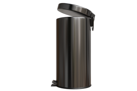 A dark, modern stainless steel pedal trash can with its lid partially open, showing a reflective cylindrical body. Studio shot on transparent background
