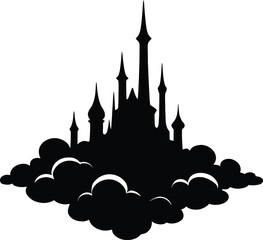 A silhouetted castle perched atop a swirling cloud formation