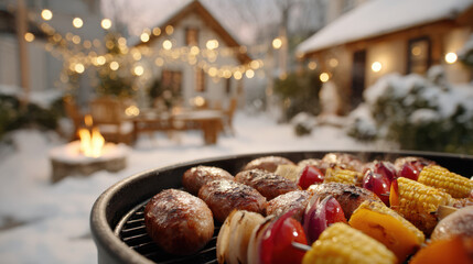 Winter backyard barbecue with grilled sausages and vegetables in a snowy setting with fire pit and string lights
