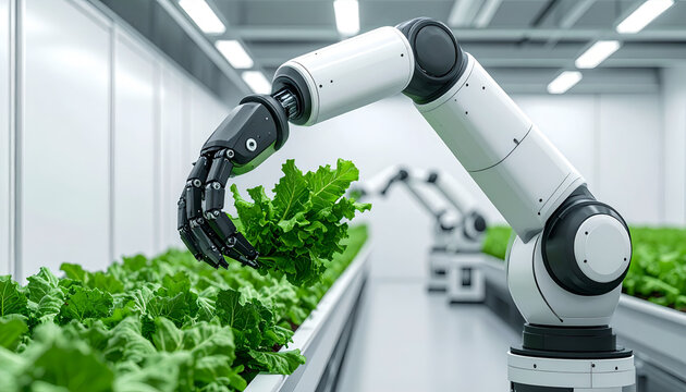 Robotic Arm Harvesting Lettuce in a Modern Indoor Vertical Farm Agriculture - Powered by Adobe