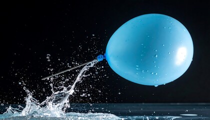 A blue balloon is being popped by a silver needle with water splashing around