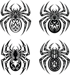 Tribal Spider Icon Set, Ornamental Tattoo Arachnid Vector illustration