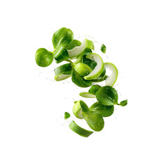 Falling slices of aloe vera with water drops