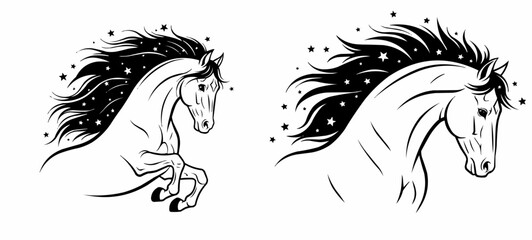 Obraz premium Vector Black and white horse illustrations with flowing manes and stars 