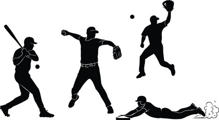 Baseball player silhouettes batting, pitching, catching, and sliding