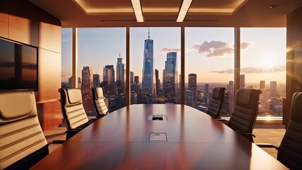 A modern conference room with a long table and high-back chairs overlooking a city skyline at sunset, ideal for business meetings and corporate events