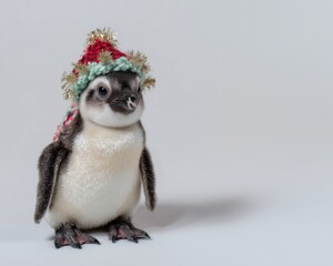 Cute Baby Penguin Wearing Festive Christmas Hat with Gold Tinsel | Adorable Penguin Chick in Holiday Knit Hat, Winter Penguin Portrait on Gray Background
