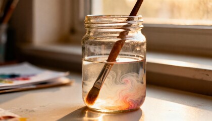 Paintbrush soaking in glass jar with soft natural light, calm creative mood, lifestyle photography