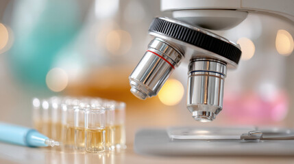 Close up of a microscope on a white counter with an open tray of glass vials containing liquid in a laboratory setting