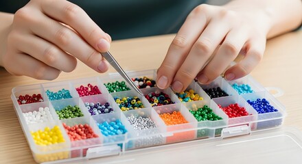 Photo of Woman Crafting with Beads and Tweezers for DIY Jewelry Making