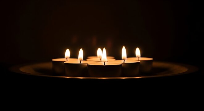 Lit tea light candles glowing in the dark, creating a warm ambiance