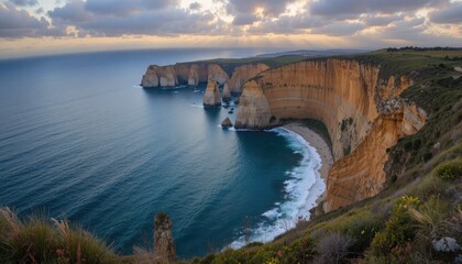 Dramatic coastal cliffs meet vibrant blue sea under cloudy sky at sunset