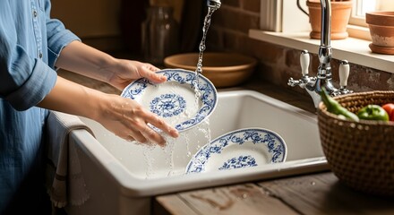 Capturing a close-up photo of hands engaged in the domestic routine of washing intricate blue and white patterned dishes in a bright, sunlit kitchen sink
