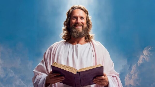 A serene bearded figure in flowing robes stands in soft light holding an open book evoking spirituality compassion guidance and timeless faith for culture religion education and inspirational storytel