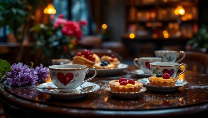 Romantic tea set with heart-patterned cups and pastries
