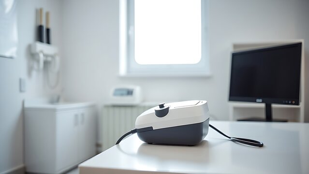 spirometer. Pulmonologist's office with a modern spirometer on counter, natural light, clinical setting. STEM education sheets.