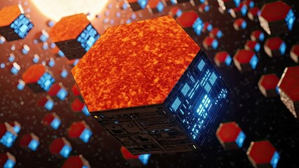 Futuristic hexagon data blocks with glowing blue lights and molten orange surface in abstract digital network background