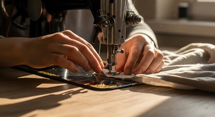 Close-up photo capturing skilled hands meticulously guiding fabric through a sewing machine, emphasizing the creative process of garment making or repair, a timeless hobby