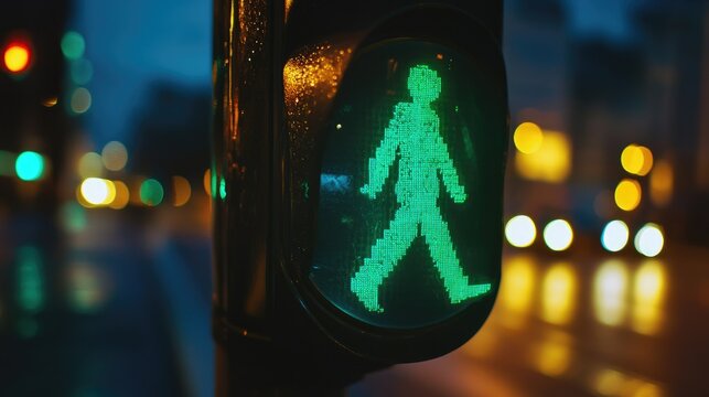 Green pedestrian signal illuminated at night showing a walking figure in a city environment with blurred traffic lights in the background