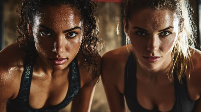Two focused athletic women training indoors with intense expressions