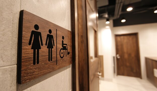 Bathroom sign with women's and disabled access symbols