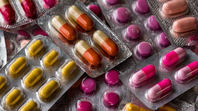 Close-up of colorful pharmaceutical pills and capsules in blister packs on grey surface - Powered by Adobe