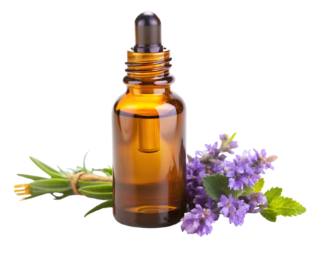 Essential oil bottle with lavender isolated on transparent background - Powered by Adobe