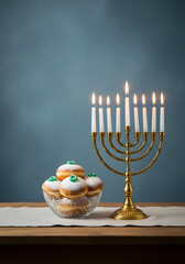 Hanukkah Celebration Menorah, Sufganiyot, and Festive Holiday Treats on Display