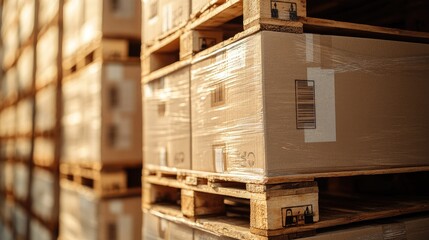 Stacked wooden pallets with cardboard boxes wrapped in plastic stretch film in a warehouse setting, representing storage and logistics operations.