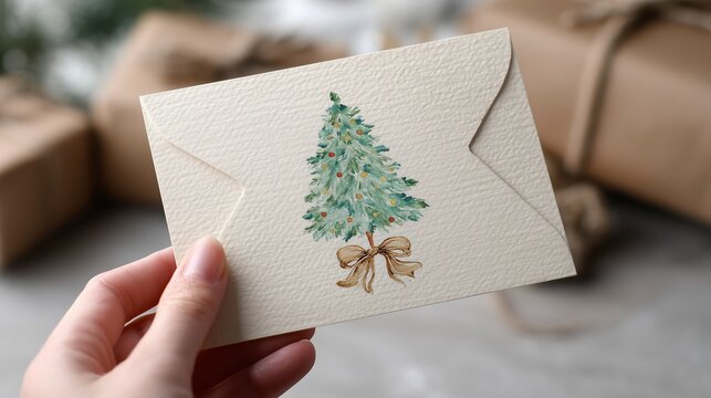 A postcard or envelope with a watercolor Christmas tree decorated with balloons and a golden bow, a light-skinned female hand, gift boxes on the background.
