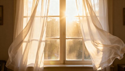 Sunlit curtains moving gently in glowing window light, warm tranquil mood, realistic photography