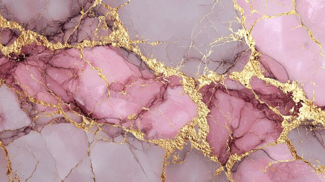 Close-up of pink marble texture with gold veins and natural patterns - Powered by Adobe