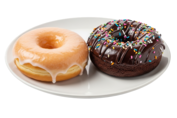 Two circular pastry rings topped with sweet glaze and colorful confectionary pieces rest on a white dish