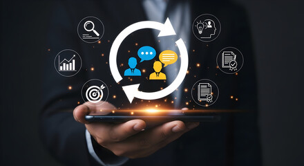 Business process management with digital transformation and team collaboration icons