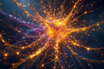 Naklejka premium Radiant Cell - Close-up of a complex radiant structure resembling a neuron or biological cell body, glowing brightly with golden particles. Focuses on neural intelligence and deep learning concepts