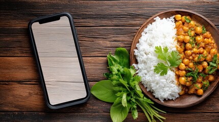 Smartphone with food and rice on a plate on a wooden table background