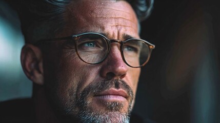 Close-up Portrait of Thoughtful Middle-aged Man Wearing Glasses in Soft Lighting