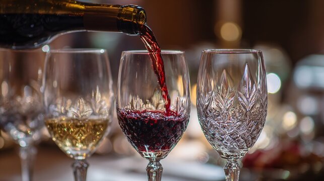 Pouring Red Wine Into Crystal Glasses in Elegant Bar Setting