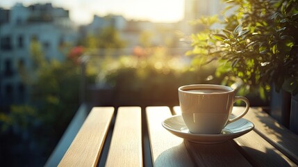 Obraz premium Warm morning sunlight illuminates a steaming cup of coffee on a wooden table surrounded by vibrant greenery in a tranquil outdoor setting