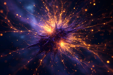 Fototapeta premium Dual Stream - Abstract landscape showing two primary energy nodes or streams converging, featuring intense purple and orange light paths. Represents high-level, complex data convergence and paths.
